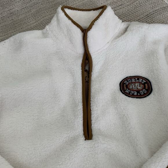 Hurley Pullover Jacket Mens Large Faux Fur Sherpa 1/4 Zip Relaxed Elbow Patches - Picture 9 of 10